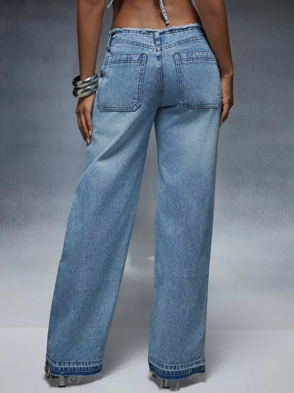 Medium Wash Casual Women's Zipper Fly Low Rise Raw Edge Straight Leg Baggy Jeans
